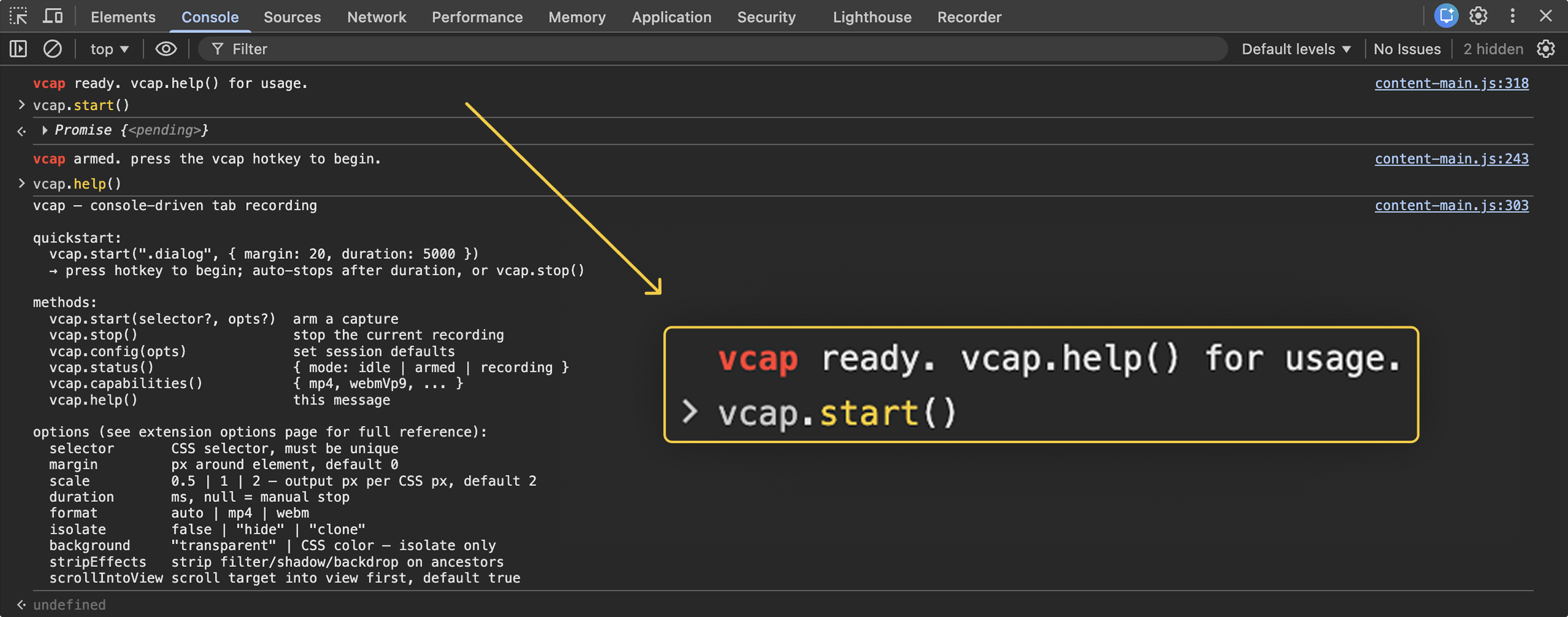 vcap console output in Chrome DevTools
